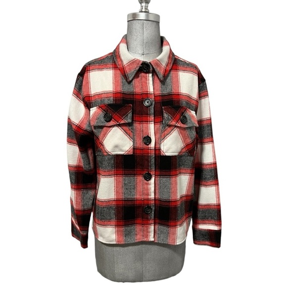 BB Dakota Steve Madden Women's Button Down Boxy Shacket (Racing Red Multi, L) - Picture 1 of 10